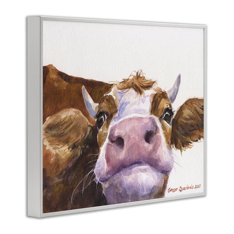 Vache mignonne en gros plan, estampe numérique, conception de George Dyachenko, Giclée encadrée blanc bord de mer