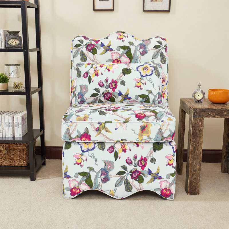 Romantic Red Flannel Dining Chair with Floral Accent & Lumbar Pillow - Armless Design for Compact Spaces