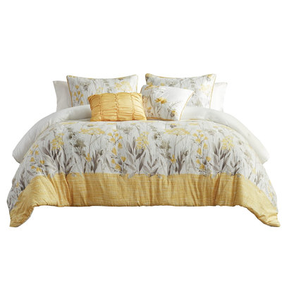 Yellow Full/Queen Size Seersucker Bedding , 2 Shams, Decorative Pillows, Modern 5 Piece Comforter In Yellow, Full/Queen, , Spot Clean Pillow, Floral Print