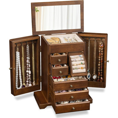 Boîte de rangement pour bijoux en bois 6 couches, organisateur de bijoux rustique avec miroir et tiroirs pour femme, étui à bijoux pour bagues et colliers, noir carbonisé