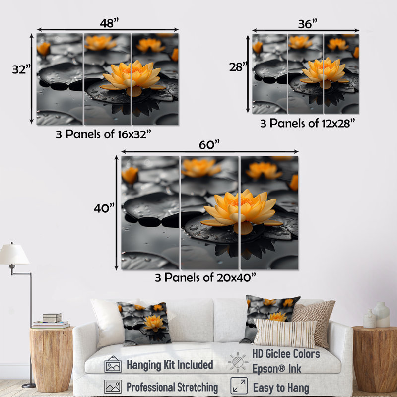 Ensemble de salon photo art mural jaune et gris Glamour Lotus, H 40 po x l 60 po x P 1 po