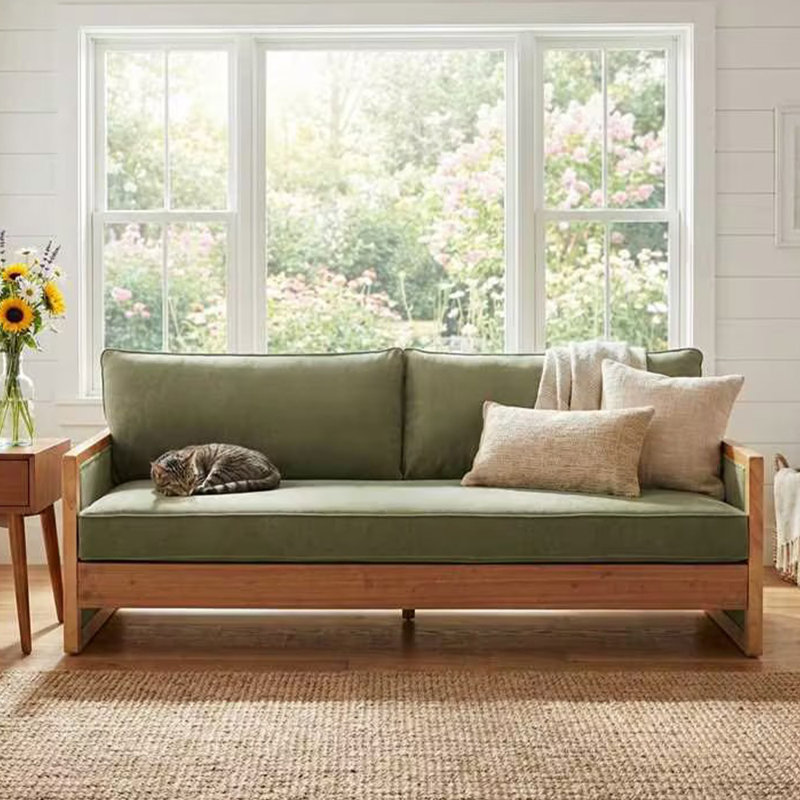 3-Seater Modern Coastal Solid Wood Frame Chenille Sofa with Open Arm Design, Green