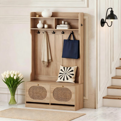 Four In One Household Storage Cabinet, Integrating Bench Coat Rack And Folding Shoe Rack, Wicker Cabinet Door, Retro Farmhouse Style