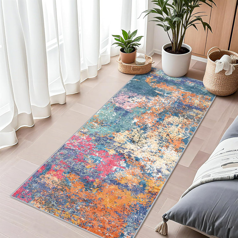 Abstract Washable Rug - Living Room Bedroom Large Area Rug Indoor Farmhouse Stain Resistant Carpet Non-Slip Machine Washable Distressed Soft Room Decor Colorful/Multi