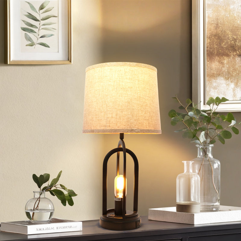 21'' Vintage Linen Table Lamp with USB Ports, Set of 2