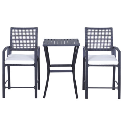 Patio Bar With Comfy Cushions, Steel Frame. For Backyards, Lawn, Deck, Poolside. All-Weather, Footrests, Black Design 3Pcs , Soft Cushioned Outdoor Decoration. Perfect For Tall Chairs Have