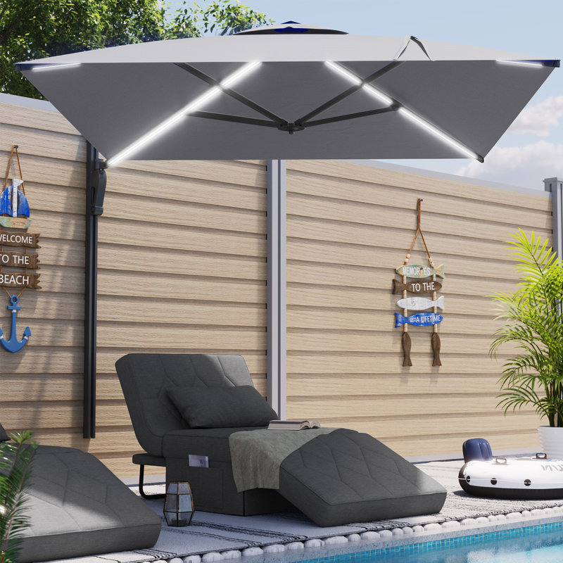 Parasol mural 10 pi avec lumières à DEL solaires, Gris