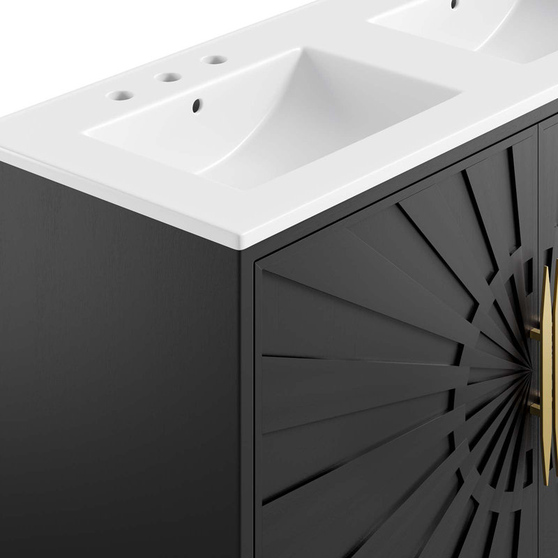 Awaken 48" Black and White Double Sink Bathroom Vanity with Gold Accents