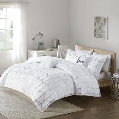 Édredon double / grand de style moderne - imprimé géométrique argenté sur blanc, 2 taies décoratives, coussins décoratifs, literie à séchage à basse température avec coussins et coussins géométriques, microfibre, doux
