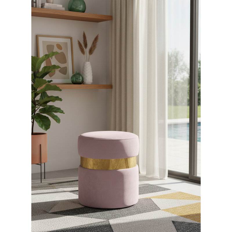Hailey 14.5" Wide Velvet Round Cocktail Ottoman, Gold, Pink Velvet