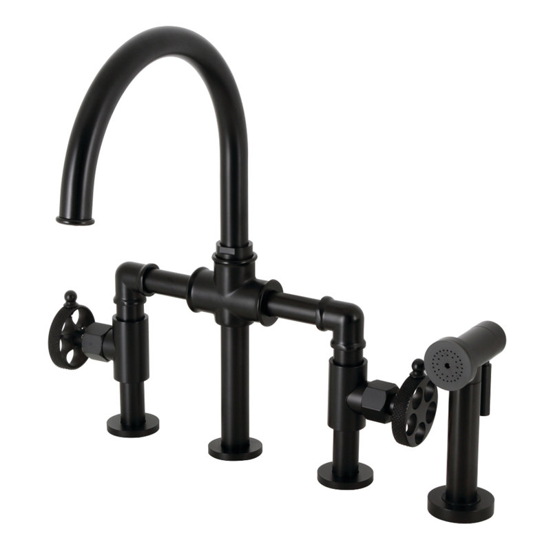 Kingston Brass Webb Two-Handle 4-Hole Deck Mount Bridge Kitchen Faucet with Knurled Handle and Side Sprayer, Matte Black
