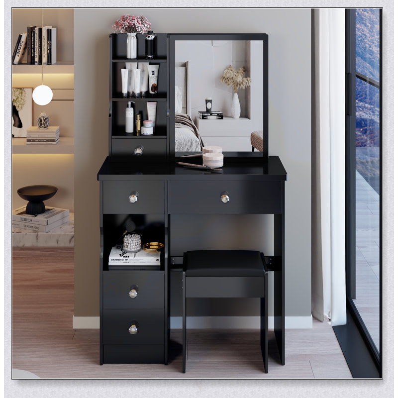 Compact 29.2-Inch Vanity Table With Left Drawer, Cushioned Stool, Large Sliding Mirror, And Multi-Layer Storage For Small Spaces
