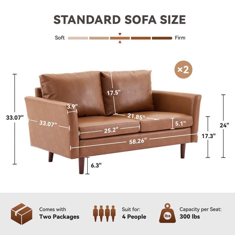 Bobur 58" Wide Faux Leather Loveseat Sofa(Set Of 2), Chestnut