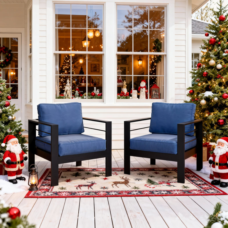 2 Piece Patio Aluminum Chair, Black/Blue