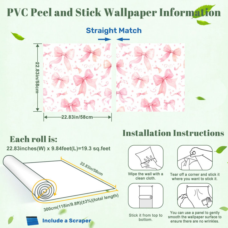 Peel and Stick papier peint Coquette ruban arc sans couture aquarelle peinture à la main contact papier amovible auto-adhésif mural pour armoires de cuisine de chambre à coucher 24 po x 118 po