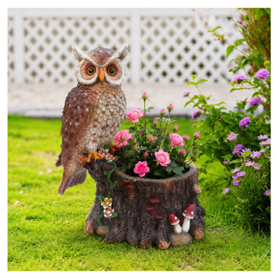 Owl Planter Garden Decor - Rustic Polyresin Owl Figurine with Tree Trunk Flower Pot - Indoor Outdoor Plant Holder for Succulents, Herbs - Artistic Yard Art Brown