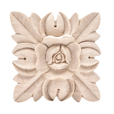 2-1/2 in x 2-1/2 in x 1/2 in Unfinished Hand Carved Solid Hard Maple Wood Onlay Floral Wood Applique