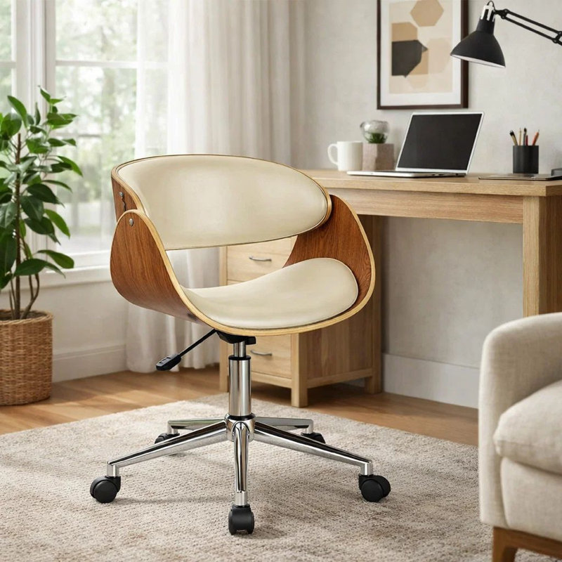 Oliver Faux Leather Upholstered Swivel & Adjustable-Height Task Chair with Wooden Back & Chrome Metal Base, White