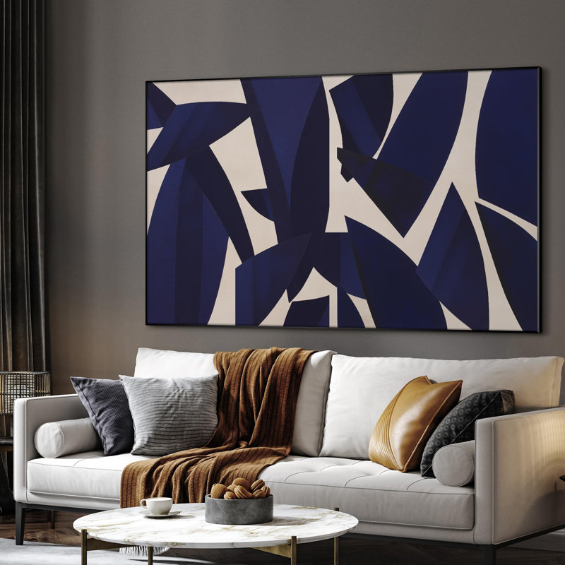 Extra Large Wall Art Fabric Print - Navy Geometric Leaf Abstract Contemporary Botanical Shapes Illustration Artwork Decor for Living Room or Bedroom - "Frame Assembly Required (Unfinished Frame)"