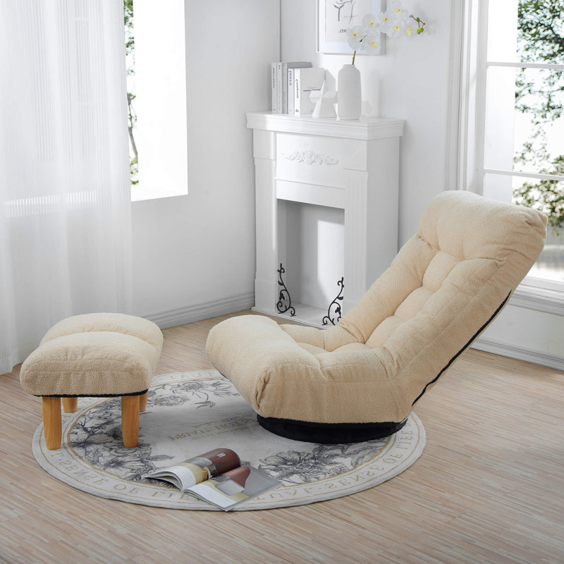 Adjustable Japanese Style Reclining Lazy Chair With 360° Swivel Base, Tatami Floor Sofa With 3-Stage Back & 14-Stage Headrest, Spring Seat Cushion For Living Room & Balcony