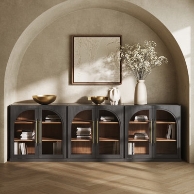 Set of 3 Modular Sideboard with Arched Glass Door and Adjustable Shelves, Ebony