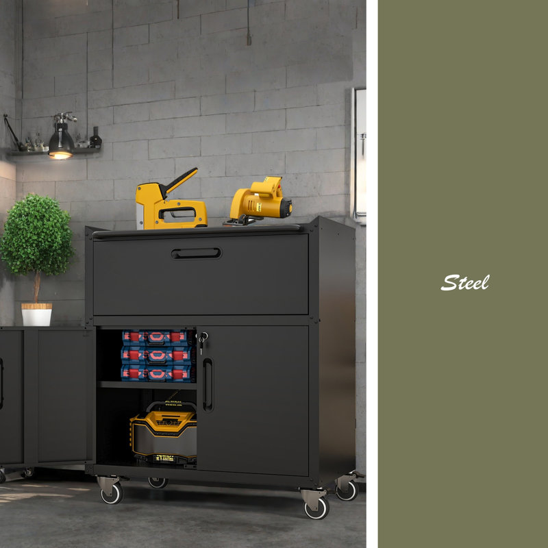 Sturdy And Durable Metal Tool Cabinet For Garage With Wheels - Mobile Heavy-Duty Storage Cabinet With 1 Drawer And 2 Locking Doors