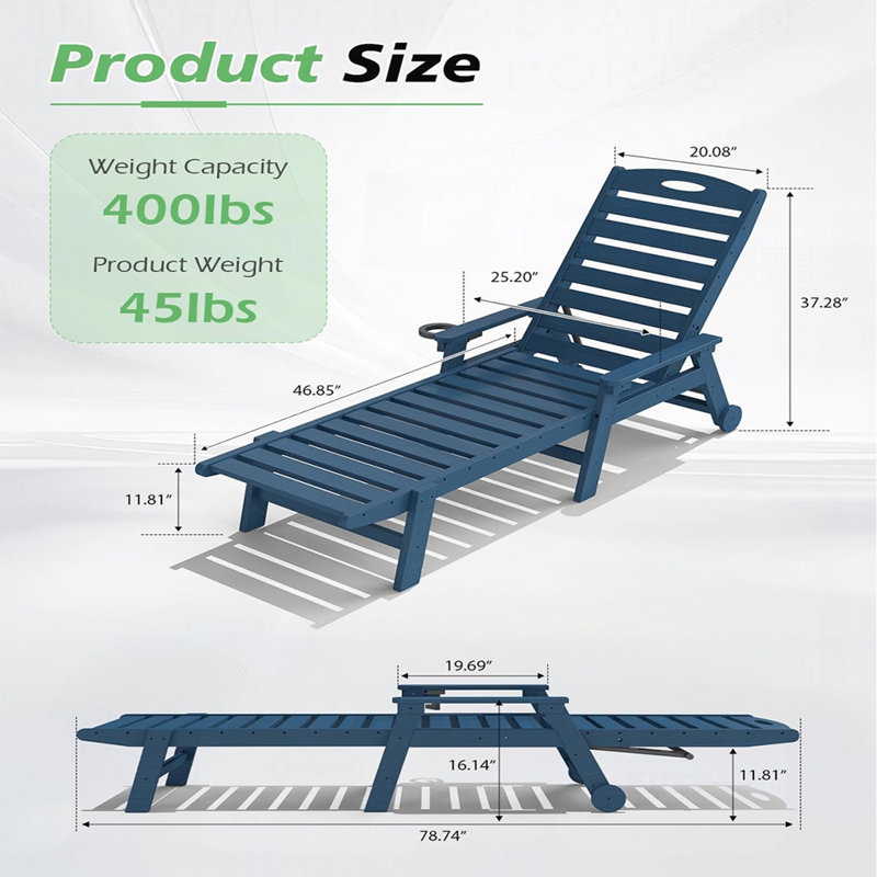 Patio Lounge Chair Outdoor, HDPE Chaise with Reclining Backrest for Poolside Sunbathing and Tanning, Durable and Comfortable