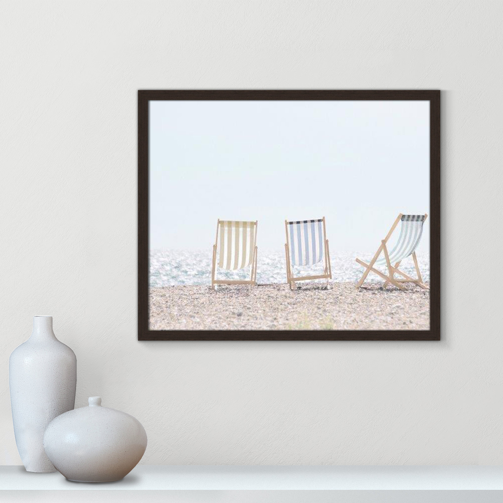 Adriatica "Beach Chairs" Print by Leah Straatsma, 21.5" H x 25.5" W x 1.25" D, Open Grain Walnut