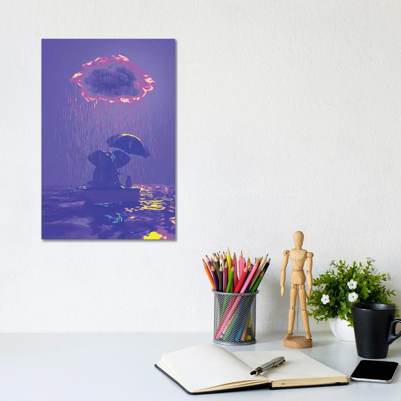 An Elephant And A Dog Float In A Boat In The Rain IV by Mike Kiev - Wrapped Canvas Print, 20.32 cm H x 30.48 cm W