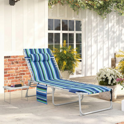 Tanning Chair Set Of 2 With Face Hole And Side Table, 5-Position Folding Outdoor Chaise Lounge Chair, Blue Stripe