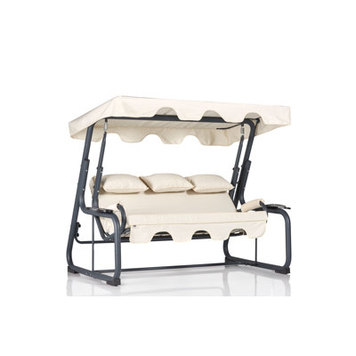 Garden Triple Swing Chair, Cream - 100% Metal Frame, 100% Polyester Fabric, 200 x 65.0 x 43.3 inches | 18 DNS Foam Cushions, Easy Clean, Supports Up to 529 lbs | Perfect for Outdoor Relaxation & Family Fun