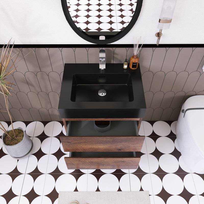 Meuble-lavabo simple 24 po avec plateau Kansiray, Brun, Noir mat