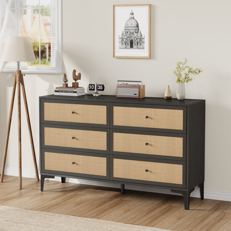 Commode 6 tiroirs l 47,2 po , Naturel/noir