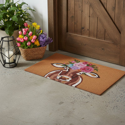 17" X 29" Brown And Pink Floral Cow Outdoor Coir Door Mat