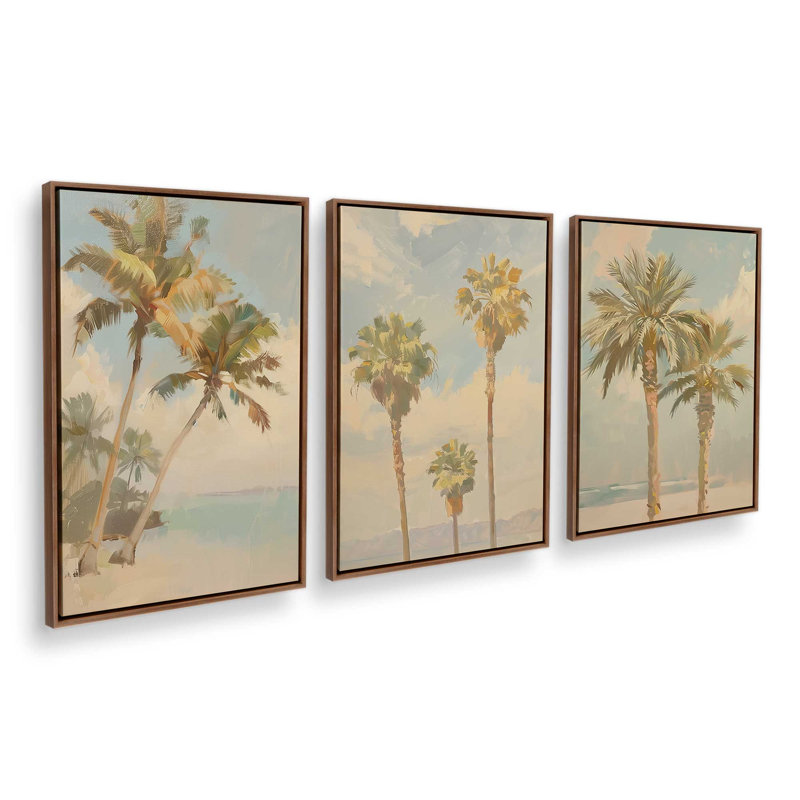 Ensemble de 3 imprimés Coastal Palms, 18 po x 12 po, Cadre flottant noyer