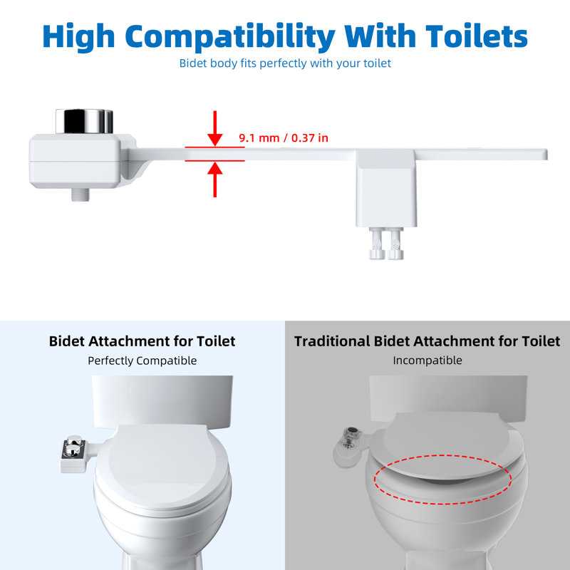 Non-electric Dual Nozzle Toilet Seat Bidet, Water Pressure Control, Self Cleaning Sprayer, White/Bamboo