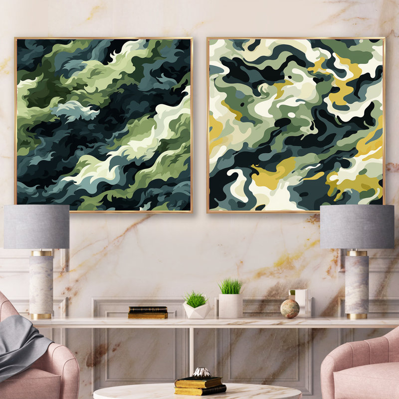 Urban Urban Camouflage Wilderness - Ensemble de 2 collages carrés abstraits, Cadre flottant doré, H 16 po x l 33 po