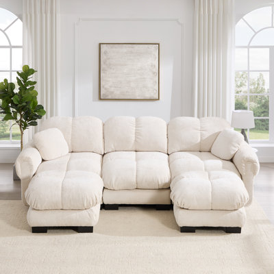 Ensemble de canapé modulaire en chenille de 104 po avec 3 coussins et 2 repose-pieds, blanc ivoire