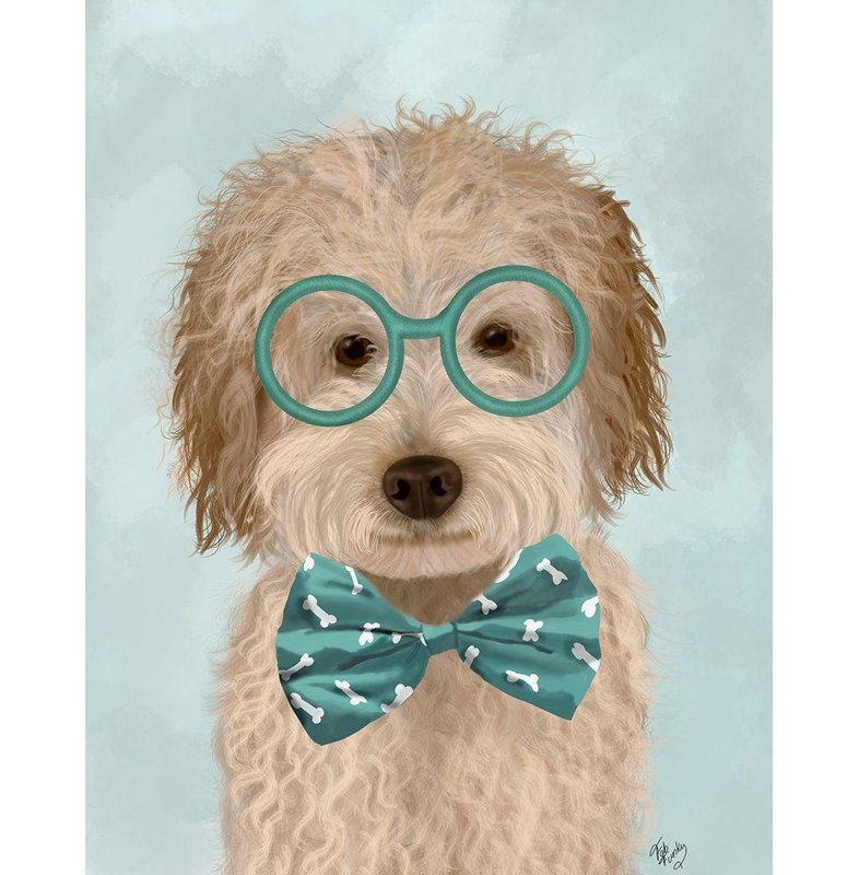 Trinx Fab Funky Gallery Wrapped Canvas Art Titled: Labradoodle, Cream, with Glasses and Bow Tie, H 24 po x l 20 po