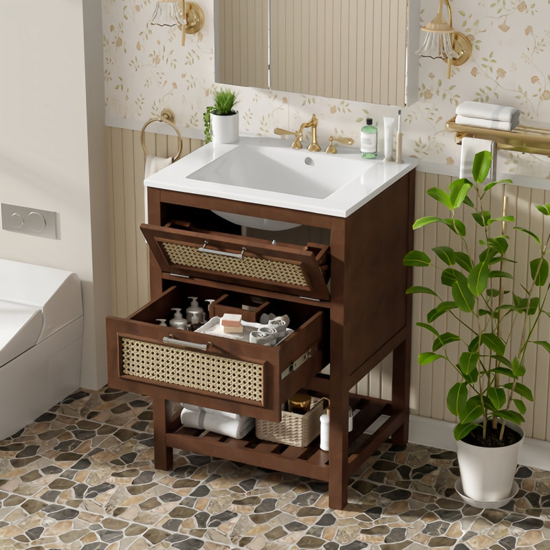Meuble-lavabo 24 po avec lavabo intégré en céramique, armoire avec tiroir profond et tiroir basculant pour salle de bain petite à moyenne