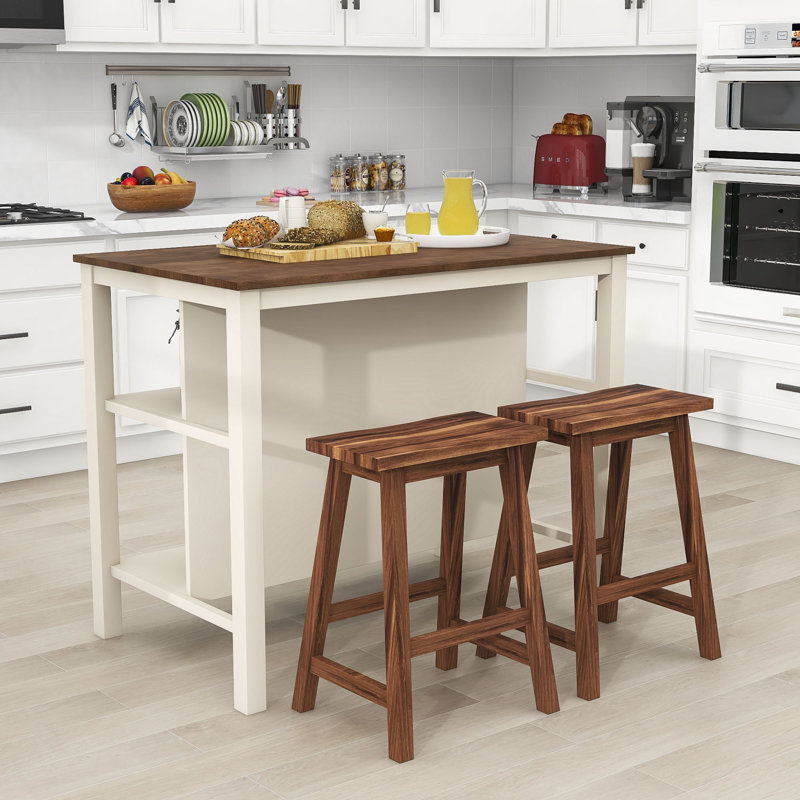 3-Piece Stationary Kitchen Island Set with 2 Stools, Rubber Wood Top Dining Table Set with 2 Shelves, Brown/Cream