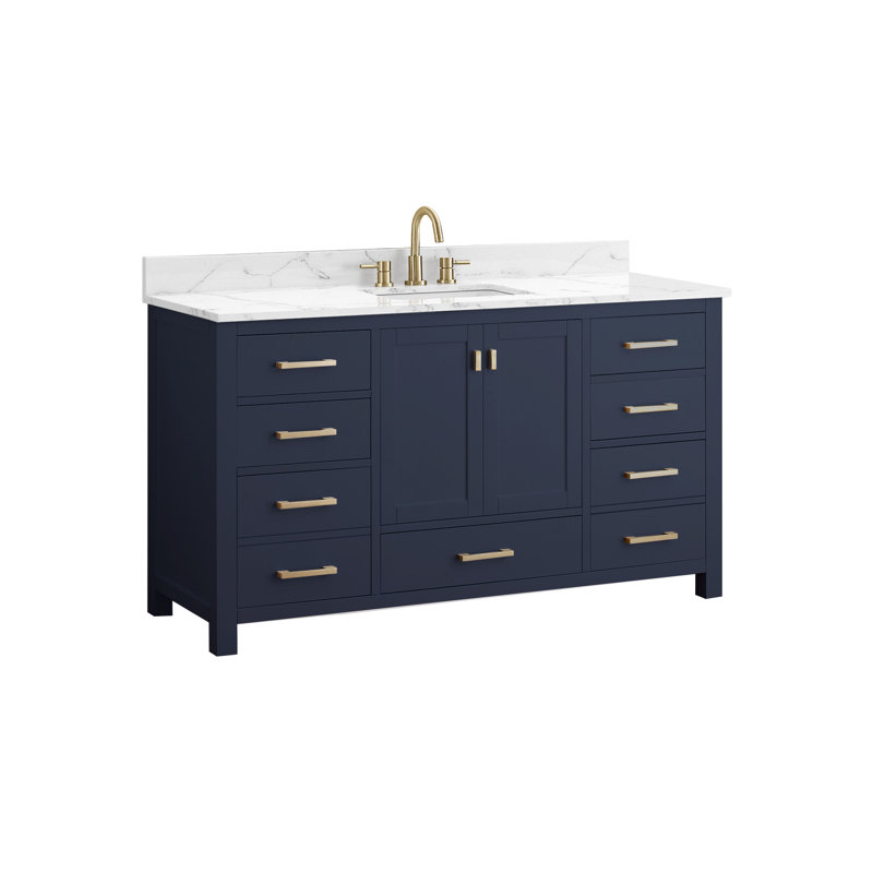 Meuble-lavabo simple 60 po avec plateau Souther, Marine, Marbre blanc de Cala, Doré