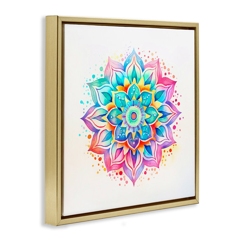 «Magic Rainbow Mandala», art mural encadré flottant par Andrea Haase, Cadre flottant métallique doré, H 25 po x l 25 po