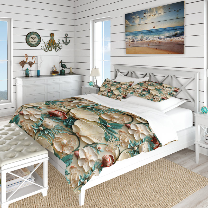 Ensemble de housse de couette blanc et vert Coastal Escape, Housse de couette pour très grand lit et 2 très