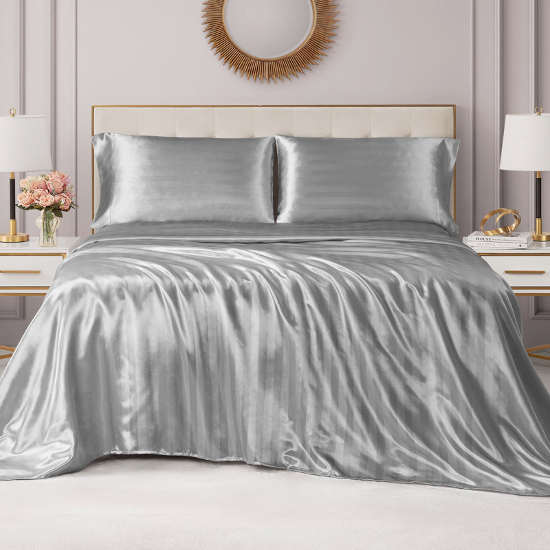 Juicy Couture Silky Satin Damask Sheet Sets, Queen Sheet Set, Gray