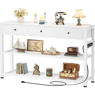 Console d'entrée avec prises, USB, tiroirs et tablettes - Blanc
