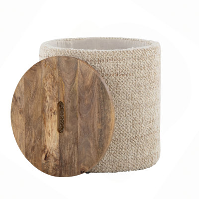 Wood Storage Ottoman Handwoven Wool And Mango Wood