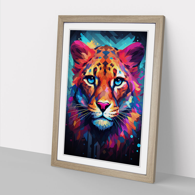Cheetah Geometric No.3 - Single Picture Frame Print on Wood, Oak Framed, 34cm H x 25cm W x 2cm D