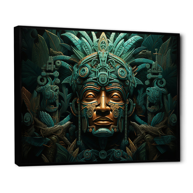 Maya Magic Aztec Mask I - Art mural mexicain, H 12 po x l 20 po x P 1 po, Cadre flottant noir