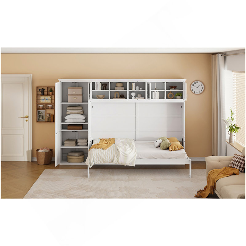 Queen Size Murphy Bed Wall Bed With Cabinets,White